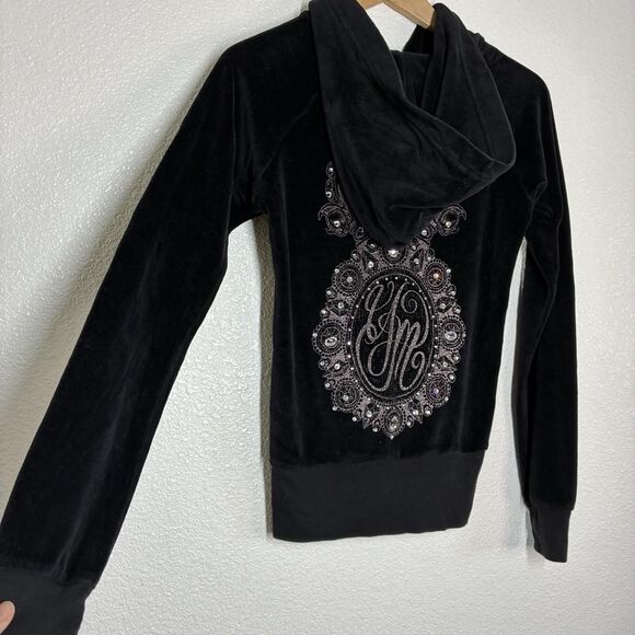 ivette mandell Tops - Yvette Mandell Y2K Hoodie Womens M Black Velour Full Zip Jeweled Crown Graphic